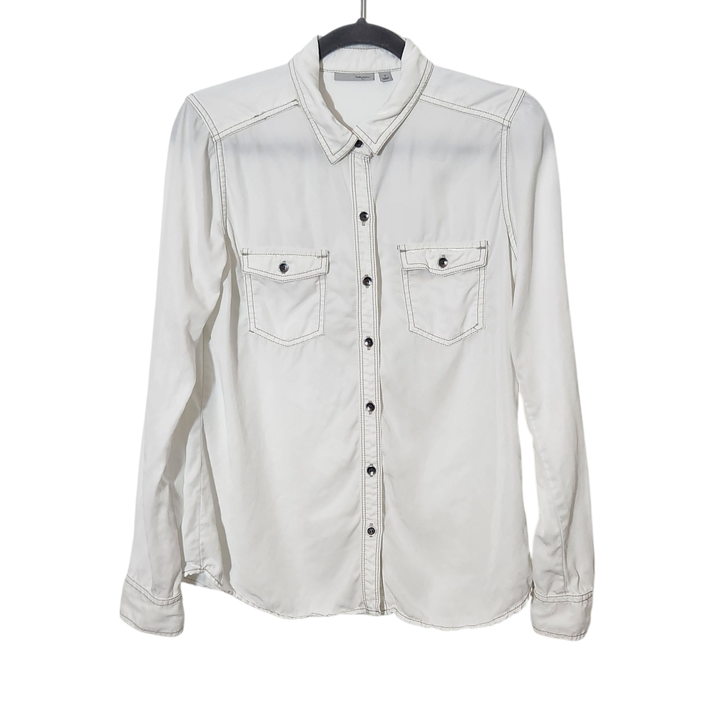 Halogen White Chambray Button-Up Shirt Size Small White Button-Up Top